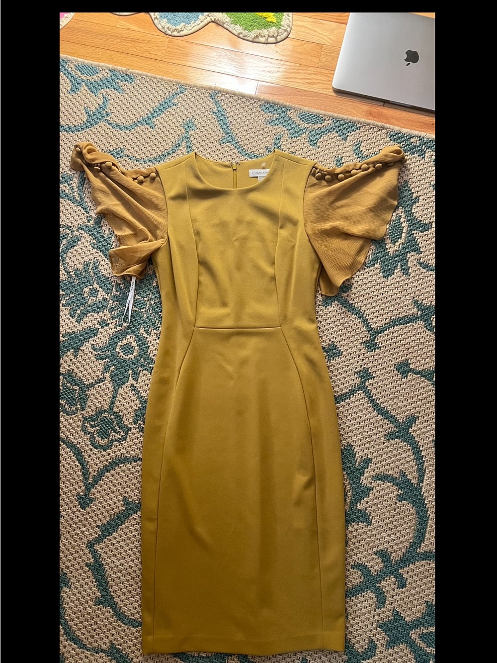Mustard Yellow Flutter Sleeve Sheath Dress with chiffon sleeves